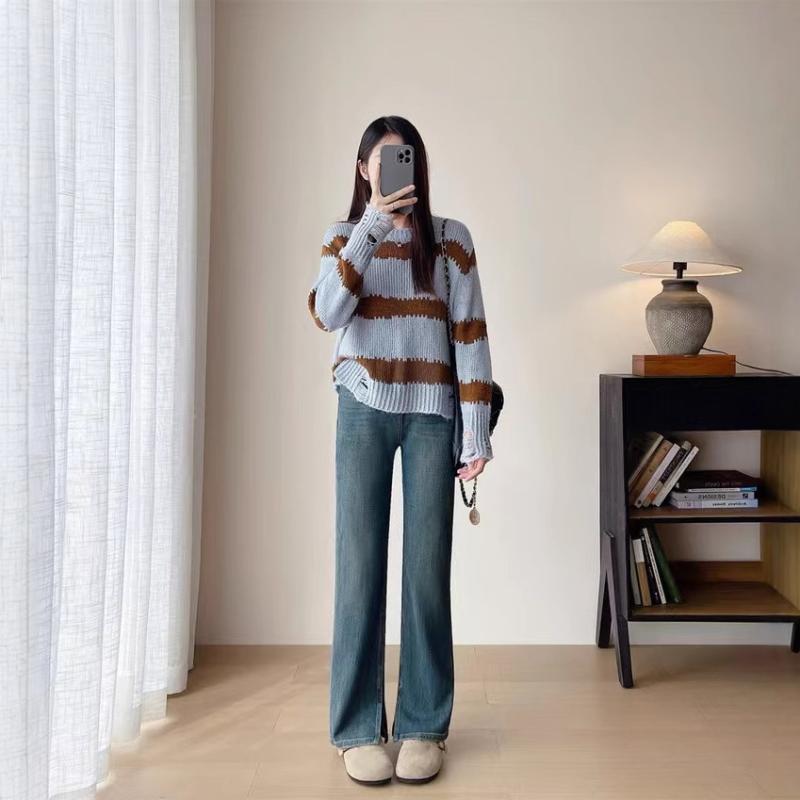 ウエストゴム レーヨン混 ストレッチ ハイウエスト ストレート ワイドパンツ レディース デニムパンツ 復古ブルー｜トミーショップ 店