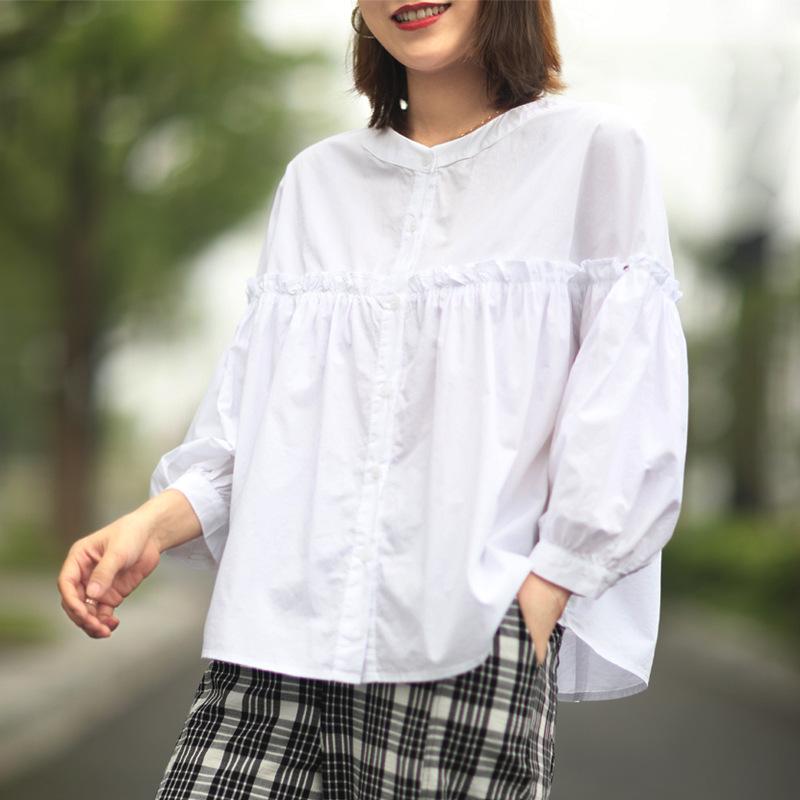 トップス プルオーバー トップ レディース 長袖 薄っぺら 春夏 綿 心地好い 好いたらしいめ 今めかしい 可愛らしい 韓国風 分かりやすい 無地 立ち襟 九分袖(x3)