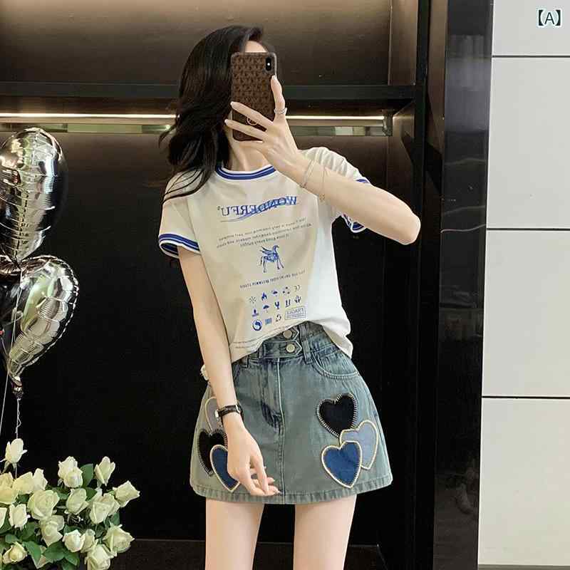 プルオーバー ジーンズスコート セットアップ 夏服 レディース A生産ライン A字スコート 文字刷り上げる ?系 心地よい 好いたらしい 普段使い走り 御姉さん風 愛くるしげ 今めかしい 愛くるしげ(x5)