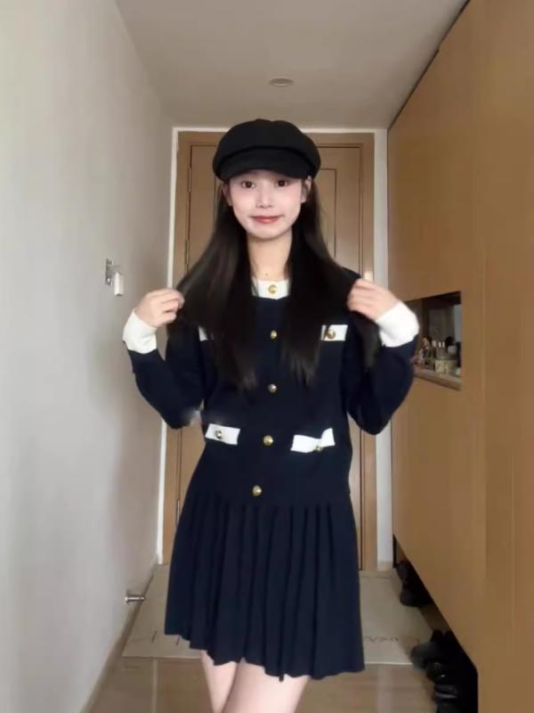 小香風 編み物 筋目スコート セットアップ 秋新作 韓国風 雅びやか 御前上等感 今めかしい 2点書き割り レディース