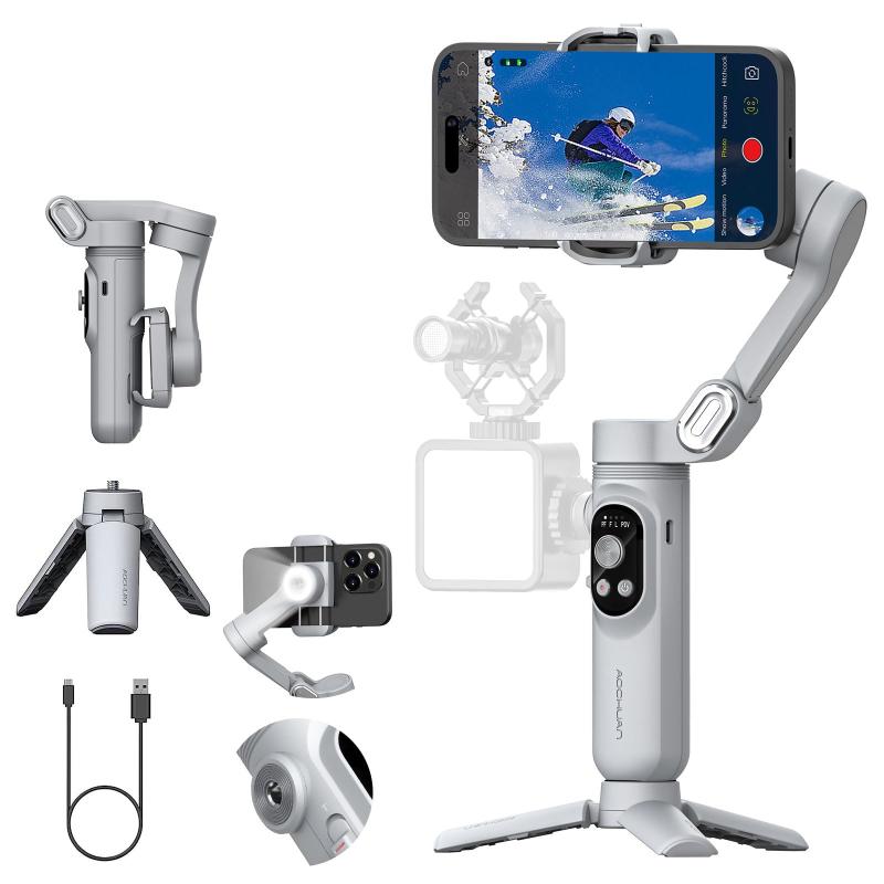 AOCHUAN 写真機用ハンドヘルドスタビライザー、かっこ良い電話機用3軸ジンバル、iPhoneおよびAndroidかっこ良い電話機用ジンバルスタビライザー、RGB点火装置、伸縮式三脚（Smart X続きもの）