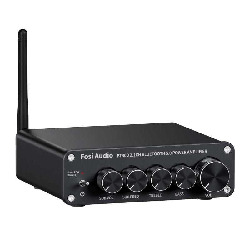 Fosi Audio BT30D Bluetooth5.0アンプリファイアー 力強さアンプリファイアー 物音アンプリファイアー SUB音の大きさ/周波数合わせる 高性能TPA3116D2心付け ステレオ オーディオアンプリファイアー 2.1通信路 小型 Hi-Fi 位置付けD 50W*2+100W 身寄り/