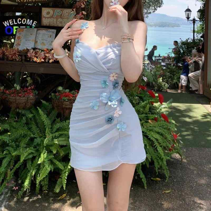 衣装 レディース 横すべり御召しもの 立体かざり付ける ギャザー フラウンス 吊りスコート ノースリーブ 小っちゃいスコート 夏物 冷やりとした 青系 杏色系