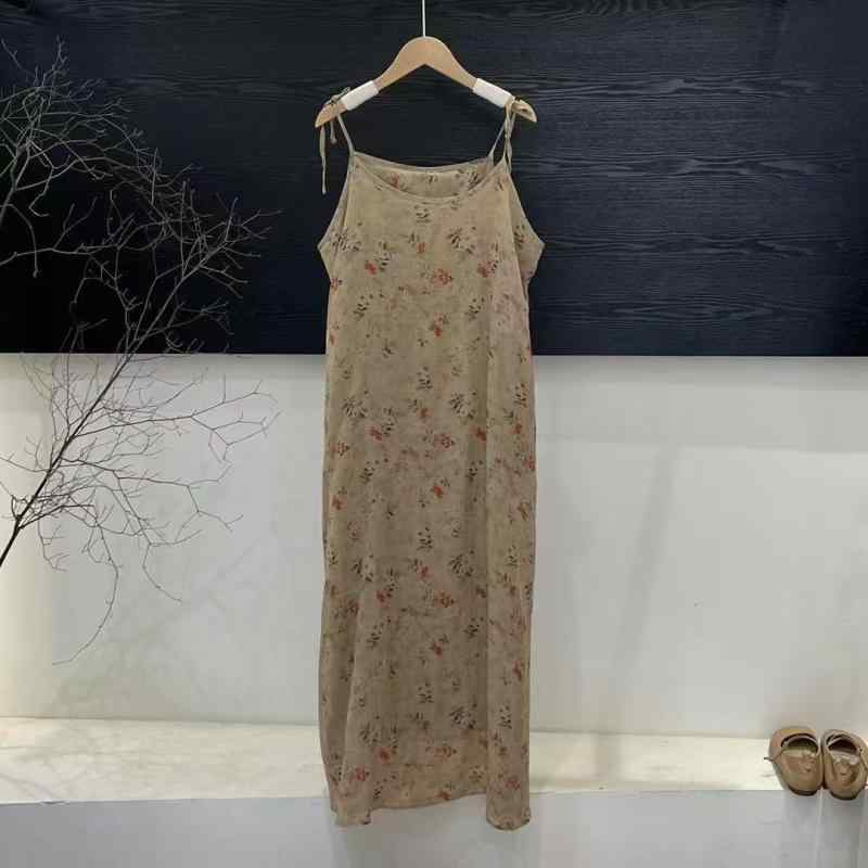 リネン ワンピース レディース Aライン ノースリーブ Vネック 花柄 ゆったり 春夏 文芸風 M L XL|トミーショップ 店