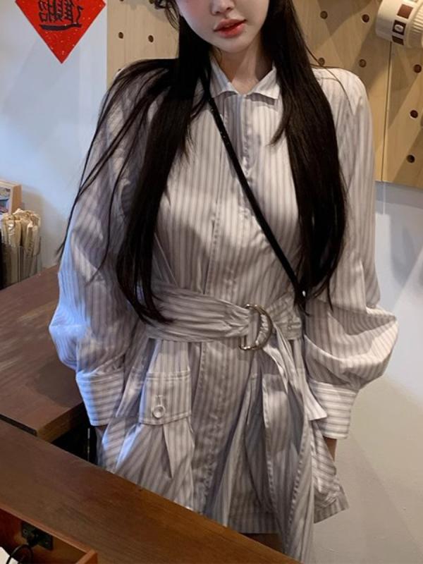 衣裳 レディース ティーシャツ衣裳 縞模様 A伝達ルート 膝丈 長袖 翻襟 通い 高腰 气? 2025年三春