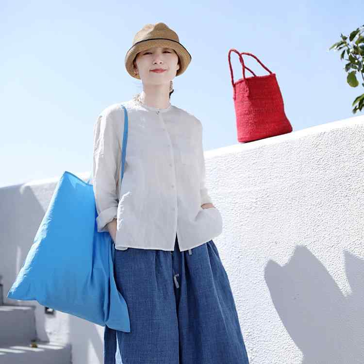 トップス 白 麻 無地 長袖 Vのど首 通い風 气? 通い ?松 M L XL XXL