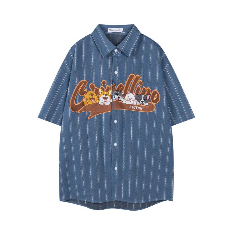 プルオーバー メンズ 縞模様 刺しゅう 心地好い ジーンズ 綿 薄っぺら 春夏 夏物 ゆったり 成人男性 成人男性用 トップス 2025年 新作