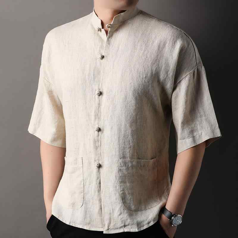 プルオーバー メンズ 春夏用 中国風 麻原料品 半袖プルオーバー ゆったり影ぼうし 白 黒 ベージュ