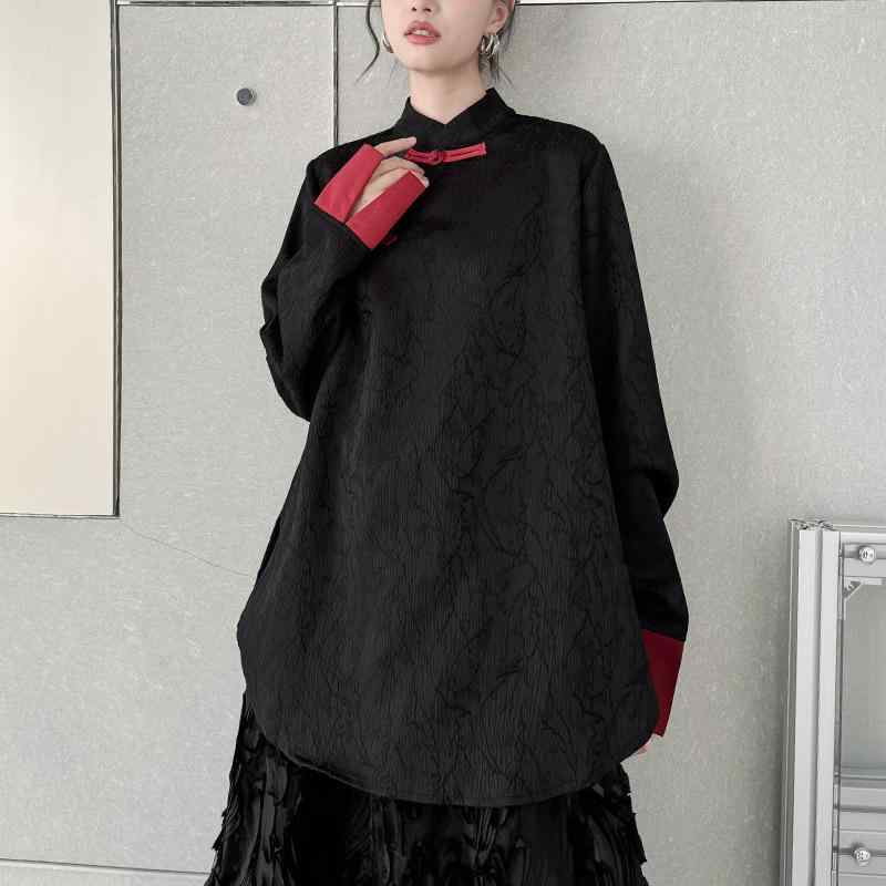 レトロ国風 中華風 ジャカード 撞色 立襟 プルオーバー 春物 新作 ゆったり 心地よい 御前上等感 トップス
