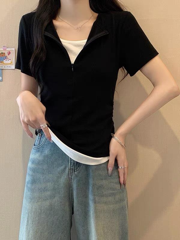 プルオーバー レディース 半袖 Vのど首 バイ色合い 青写真性 ?褶 修身 修身 夏(x10)