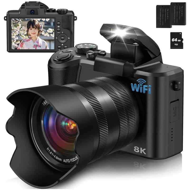 YOODEE 8K WIFI デジタルカメラ スマホに送れるデジカメ 8800万画素 タッチスクリーン デュアルレンズ 4800万CMOSセンサー 64GBMicroSDカード付き 6軸手ぶれ補正 オートフォーカス 16Xズーム バッテリ｜トミーショップ 店