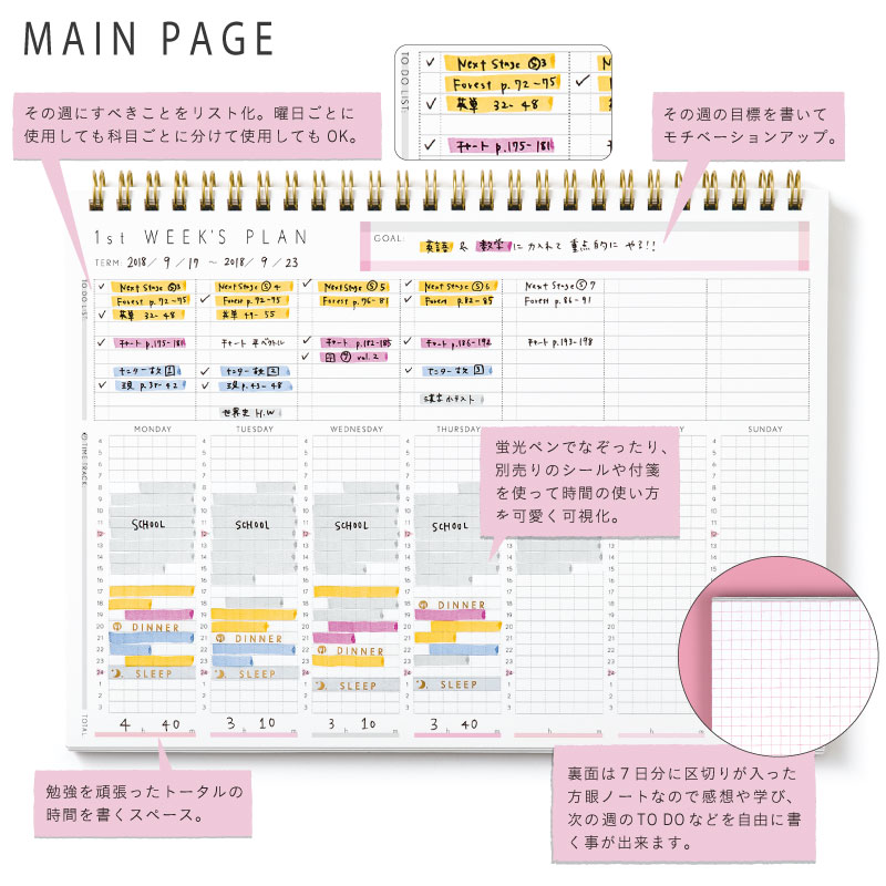 楽天市場 10 Off 2冊までメール便可 スタディプランナー リングノートタイプ Weekly Study Planner おうち時間 手帳 勉強 計画 受験 韓国 ステーショナリー スケジュール かわいいおしゃれ ピンク Gssw いろはショップオンライン