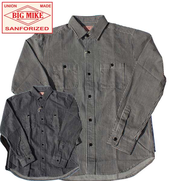 【BIG MIKE（ビッグマイクロホン）】COTTON HICKORIY WORK SHIRTS 綿織物 ヒッコリーストライプ 長袖 細工物プルオーバー NAVY 101815005