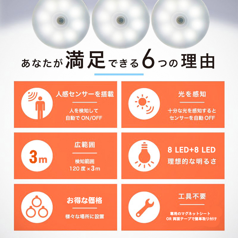 センサーライト LED 人感 玄関 室内 明るい USB充電おしゃれ 人感