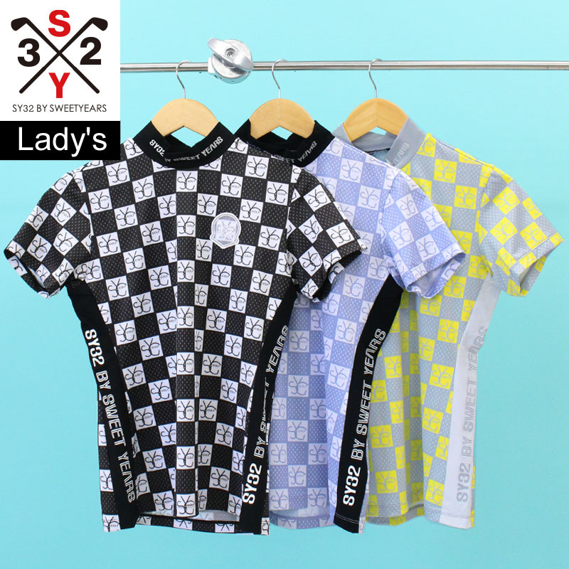 貨物輸送無料 SY32 by SWEET YEARS GOLF ゴルフ御召しもの レディース モックネックシャツ ハイネック トップス スポーツシャツ 半袖 ロゴタイプ総柄 ブランド名 今めかしい 春夏 いの一番主義 ゆうパケ