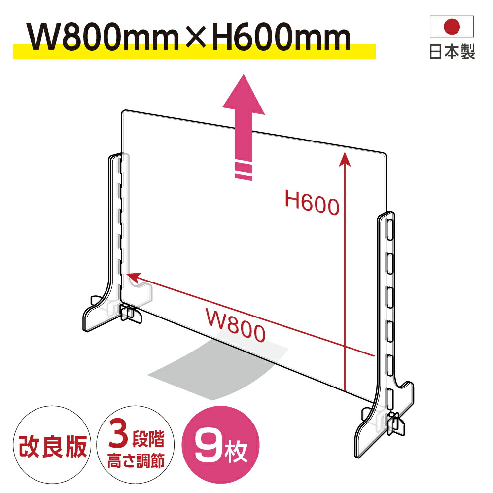 クーポン セール 【9枚セット】日本製 改良版 3段階調整可能 透明 アクリルパーテーション W800mm×H600mm キャスト板採用 飛沫防止  対面式スクリーン デスクパーテーション デスク用仕切り板 ウイルス対策 衝立 角丸加工 組立式【受注生産、返品交換不可】cap-8060-9set  ...