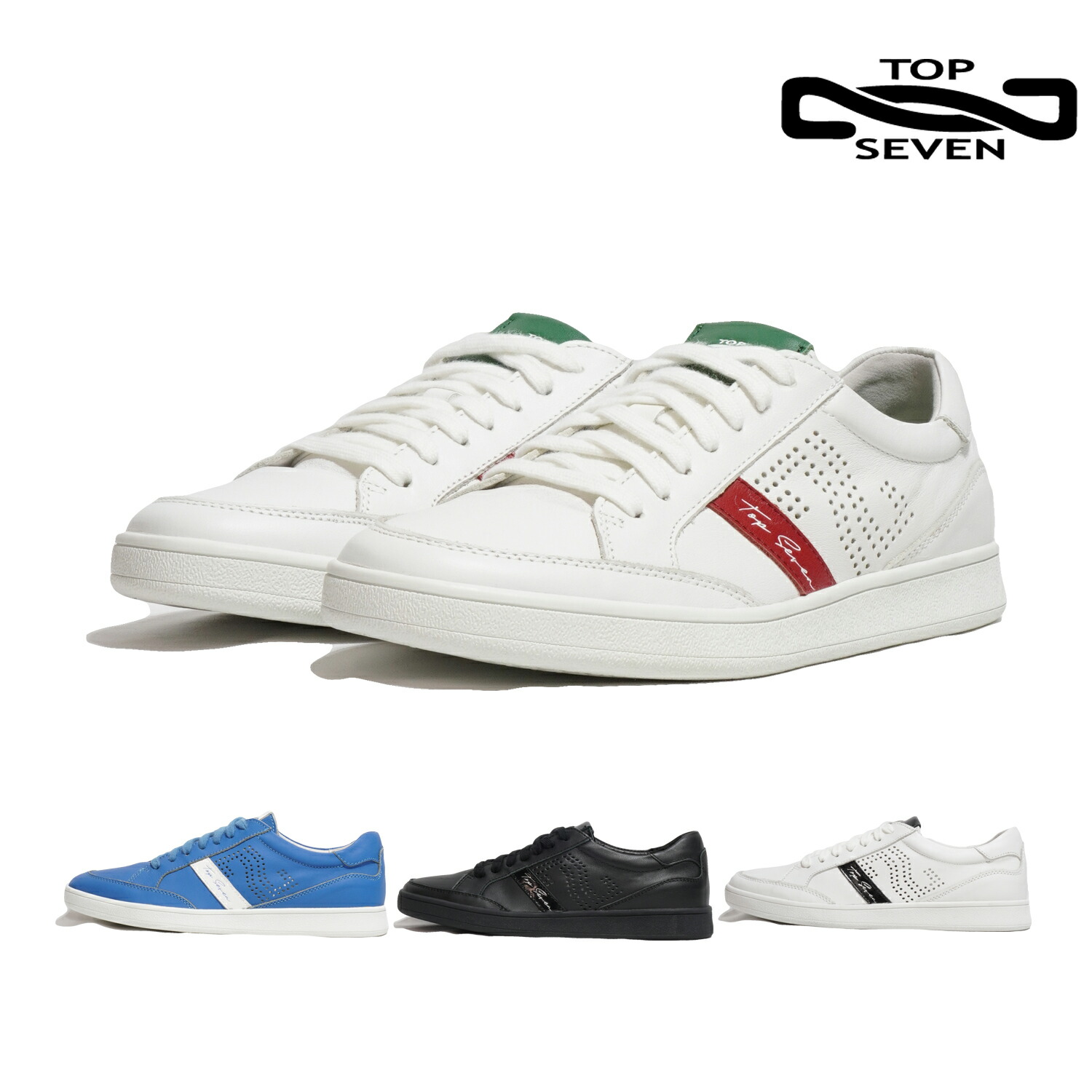 レザースニーカー ゴルフ スニーカー 靴 トップセブン レザースニーカー TOPSEVEN T7-S211 CRUS WHITE/TRICO WHITE/BLACK L.BLUE　BLACK ローカット シューズ メンズ ホワイト カジュアル ゴルフシューズ画像