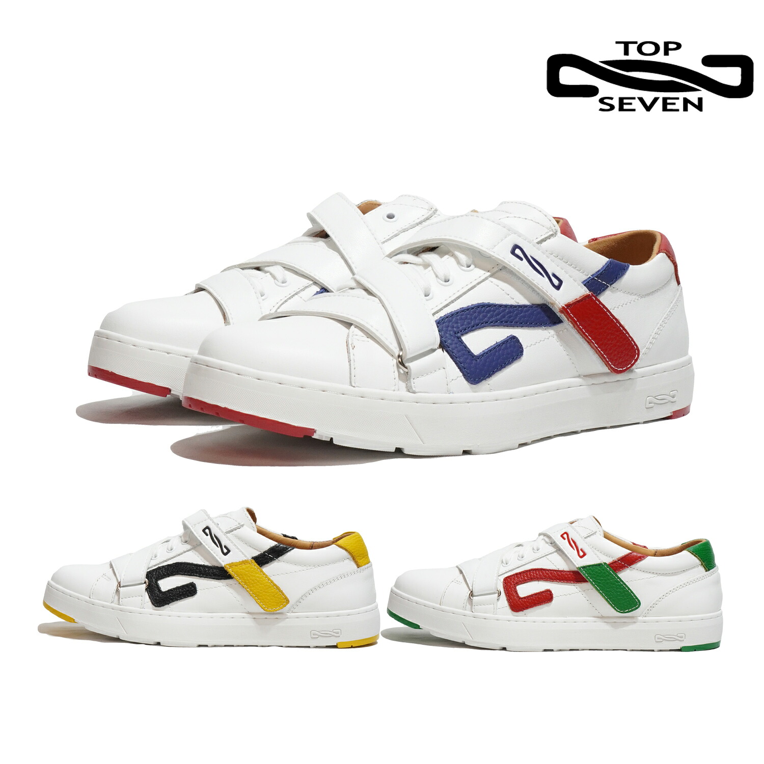 【ポイント10倍 7/19 20:00 ～ 7/26 01:59まで】レザースニーカー ゴルフ スニーカー トップセブン TOPSEVEN T7-S307 GS WHITE/BLACK / WHITE/NAVY WHITE/RED シューズ メンズ ブラック ネイビー レッド ゴルフシューズ フルグレインレザー スパイクレス｜TOP to TOP ONLINE