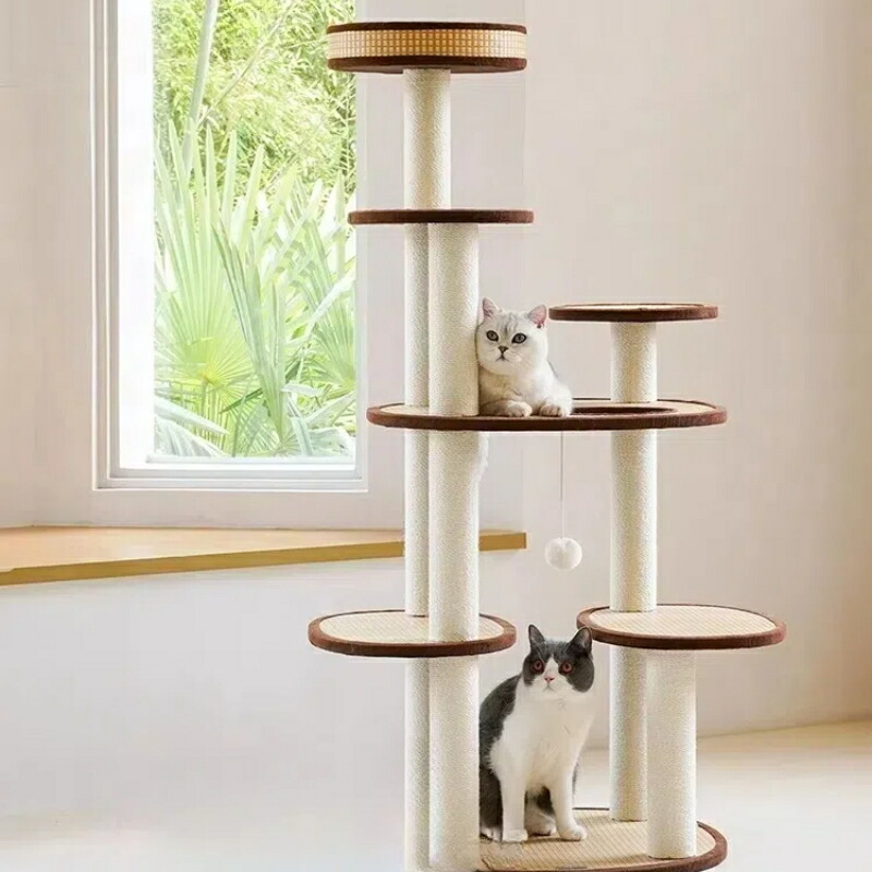 【夏の涼感対策】レトロ風 籐編みキャットタワー 冷却猫ベッド&猫用ヴィラ付き 3段ジャンプ台+スクラッチポール内蔵 自然風通気性 ペット快適空間|topvalue