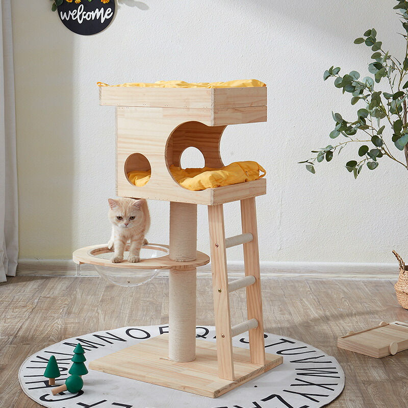 【天然木製プレミアム】多機能キャットタワー 猫ハウス 爪とぎ一体型 大型キャットツリー 四季対応 猫用家具 省スペース設計｜topvalue