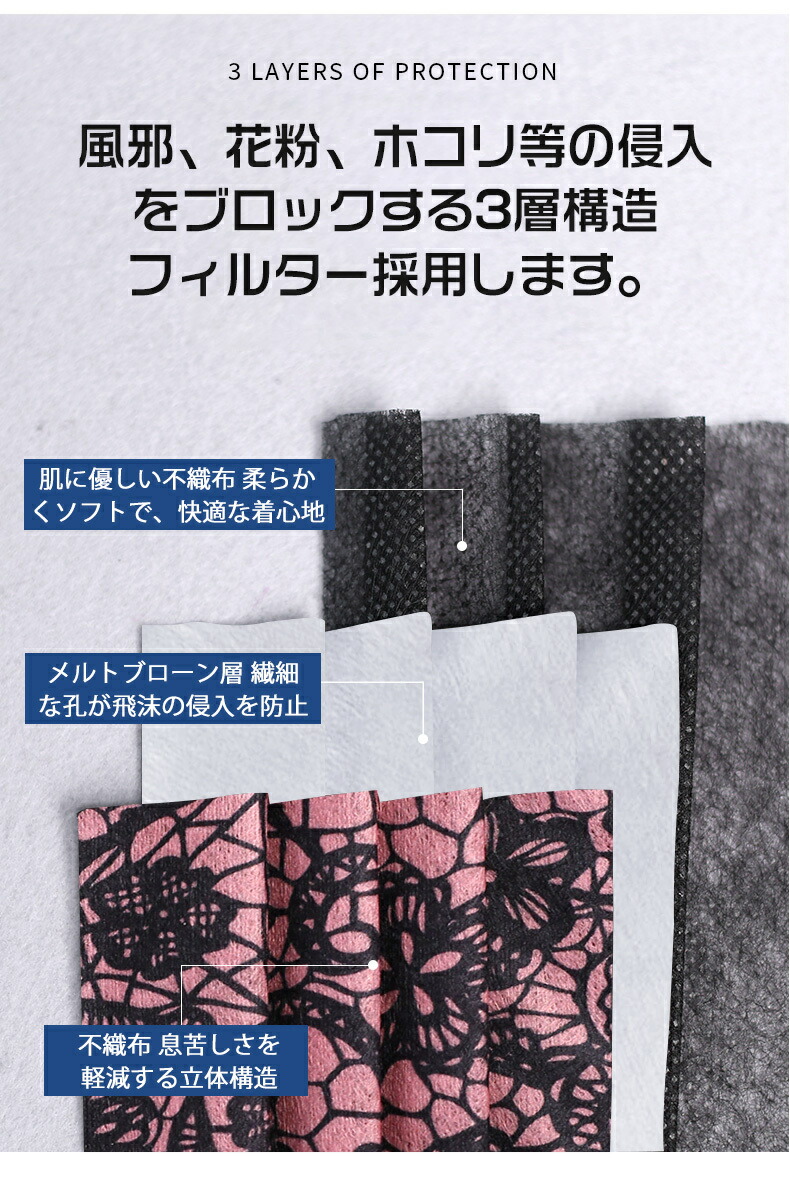 最新のデザイン 大人 使い捨てマスク 50枚 レース柄マスク 花柄マスク 夏用マスク 紫外線対策 マスク 不織布 カラー 3層構造 UVカット  花粉対策 かわいい 和柄 プレゼント 感染症風邪対策 aloveg.com