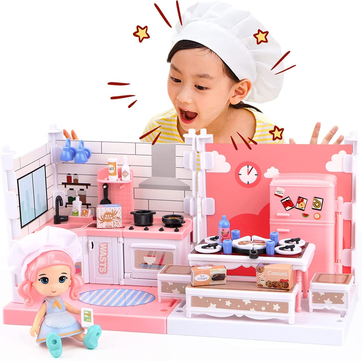 Diy 4 In 1夢の家 ミニチュア ドールハウス キット ごっこ遊びおもちゃ 人形付き 知育玩具 子供向け 女の子 おもちゃ おままごとセット 台所 おもちゃ 調理器具 料理おもちゃ ごっこ遊び 室内遊具 孫 人気 良い 誕生日 クリスマス プレゼント 1夢の家のキッチン 海外