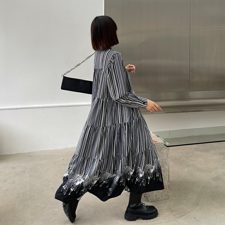 レトロ柄ロングワンピース レディース シャツワンピース 長袖 ロング丈 マキシ丈 シャツワンピ ストライプ柄 きれいめ スタンドカラー 立ち襟 ライン モード系 きれいめ レトロ ゆったり おしゃれ 可愛い 21秋冬新作 送料無料 Ceconsolidada Cl