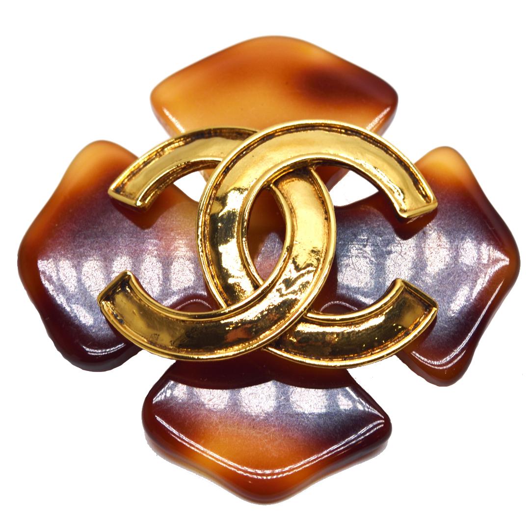 CHANEL シャネル ビンテージ ココマーク べっ甲 ブローチ　 ゴールド/ブラウン 金メッキ 鼈甲 レディース ジュエリー／宝石／宝飾品／貴金属 ／コサージュ／ラペルピン／飾りピン／バッジ 【中古】