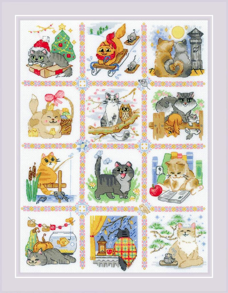 RIOLISクロスステッチ刺繍キット No.2136 "Cat Calendar" (ネコのカレンダー 猫) 【海外取り寄せ/納期30～60日程度】｜HAND WORK とりい
