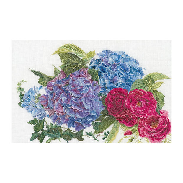 Thea Gouverneur クロスステッチ刺繍キットNo.442 「Hydrangea & Rose」(紫陽花とバラ アジサイ あじさい 花) オランダ テア・グーヴェルヌール 【取り寄せ/納期40~80日程度】|HAND WORK とりい