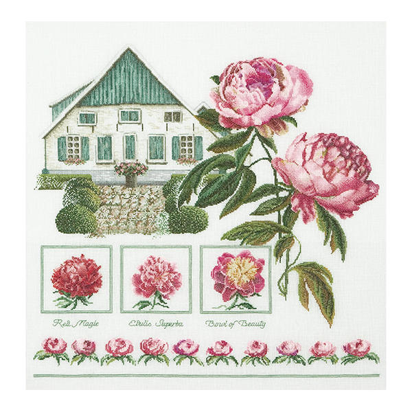 Thea Gouverneur クロスステッチ刺繍キットNo.448L 「Farmer Peonies」(布:リネン/ボタン 牡丹 花) オランダ テア・グーヴェルヌール 【取り寄せ/納期40~80日程度】|HAND WORK とりい