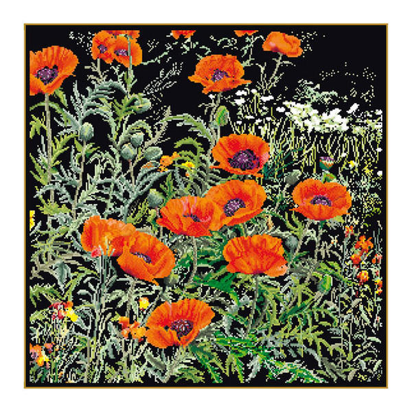 Thea Gouverneur クロスステッチ刺繍キット No.2062.05 「Orange Poppies」(布:綿アイーダ・黒/花 オレンジのポピー 芥子) オランダ テア・グーヴェルヌール 【取り寄せ/納期40~80日程度】|HAND WORK とりい