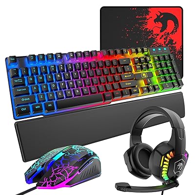ゲーミングキーボードマウスヘッドホンハンドレストセット USBメンブレン式 有線 防水多機能マルチメディアキー 2400DPI調整なマウス 6つのボタン マウスパッド付き ハンドレスト ゲーミングヘッドセット RGBライト 有線 (ブラック+ヘッドセ|とりま商店