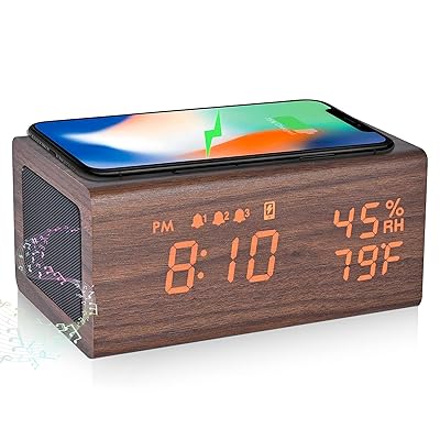 目覚まし時計 めざまし時計 スピーカー Bluetooth5.0 Qiワイヤレス充電器 3組アラーム 木目 置き時計 デジタル時計 卓上時計 湿度 温度計機能 年月日表示 メモリバッテリー付き 電波法技適 Qi認証(ブラウン)|とりま商店
