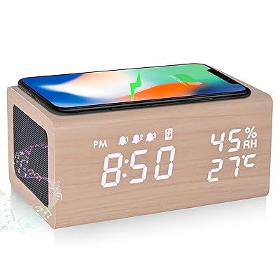 目覚まし時計 めざまし スピーカー Bluetooth5.0 ワイヤレス充電器 3組アラーム 木目 置き時計 デジタル 卓上 湿度 温度計機能 年月日表示 メモリバッテリー付き 電波法技適 Qi認証(ナチュラル)｜とりま商店