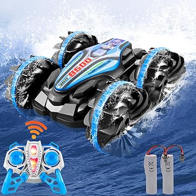 ラジコンカー こども向け RCカー 水陸両用 スタントカー リモコンカー 強力防水 360度回転 両面走行 四輪駆動 2.4Ghz無線操作 USB充電式 耐衝撃 車のおもちゃ 人気 誕生日 プレゼント (青)