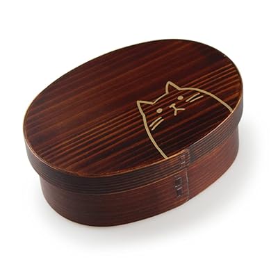 曲げわっぱ 小判弁当箱 ねこ うるしペンキ塗り 日本国内完成 (うるし)