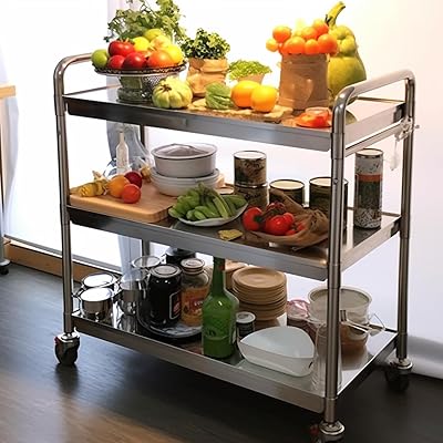 キッチンカート キッチンワゴン キャスター付き キッチンカート 3 段 配膳車 95×95×50 cm ステンレス キッチン ワゴン 天板 耐荷重150 kg 収納 業務用キッチンカート 移動便利 キャスター付き ブレーキ付き 大型 ステンレスワゴン|とりま商店