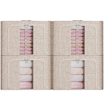 収納ボックス 収納ケース4点セット 66L大容量 衣類収納 折りたたみ 取っ手付き ふた付き おしゃれ 布製 衣装ケース 透明窓付き ファスナー (ベージュ-4)｜とりま商店