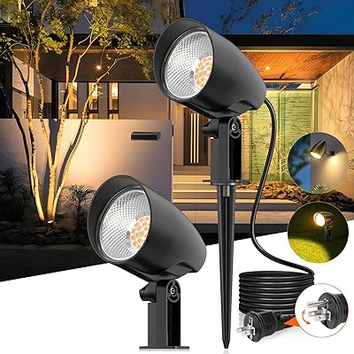 【全アルミ製 20W LEDスポットライト】 2000lm ガーデンライト コンセント式 電球色 IP66防水 2P/3Pプラグ切替 1.5m電源コード 2年 2way取り付け 回転可能 ５万時間の寿命 配線不要 庭園 ガーデン 芝生 駐車場 家の前