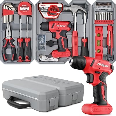 電動ドライバーセット 電動工具付き工具セット 8V電動ドリル 小型で扱いやすい 家庭用DIY・車やバイク整備に 工具箱付き 58点セット 赤