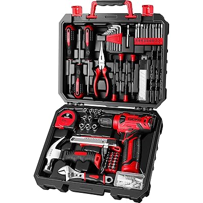 【8V電動ドリル付き】 工具セット 126点組 ピンク ホームツールセット 家庭用 ツールセット 日曜大工 DIYセット 作業工具セット 家具の組み立て 住まいのメンテナンス用 修理道具セット 便利な収納ケース付き (赤)|とりま商店