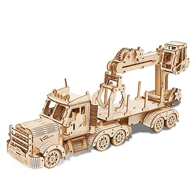 3D木製謎あわせ 貨物自動車起重機 立体謎あわせ 白木謎あわせ 車 動く木製車機械的手工芸品