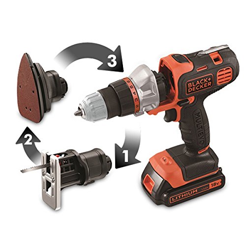 【中古】ブラックアンドデッカー(BLACK+DECKER) マルチツール 18V EVO183B1 ドリルドライバー・ジグソー・サンダーのヘッドアタッチメント、ビット11種、バッテリー×2、専用キットボックス付き