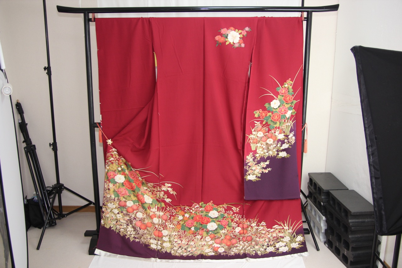 訳あり店舗キャリー在庫 正絹振袖 えんじ&times;紫(ぼたん・菊・ききょう) 成人式 着付け お稽古 送料無料 送料込み｜浴衣 七五三 安売り天国とせん