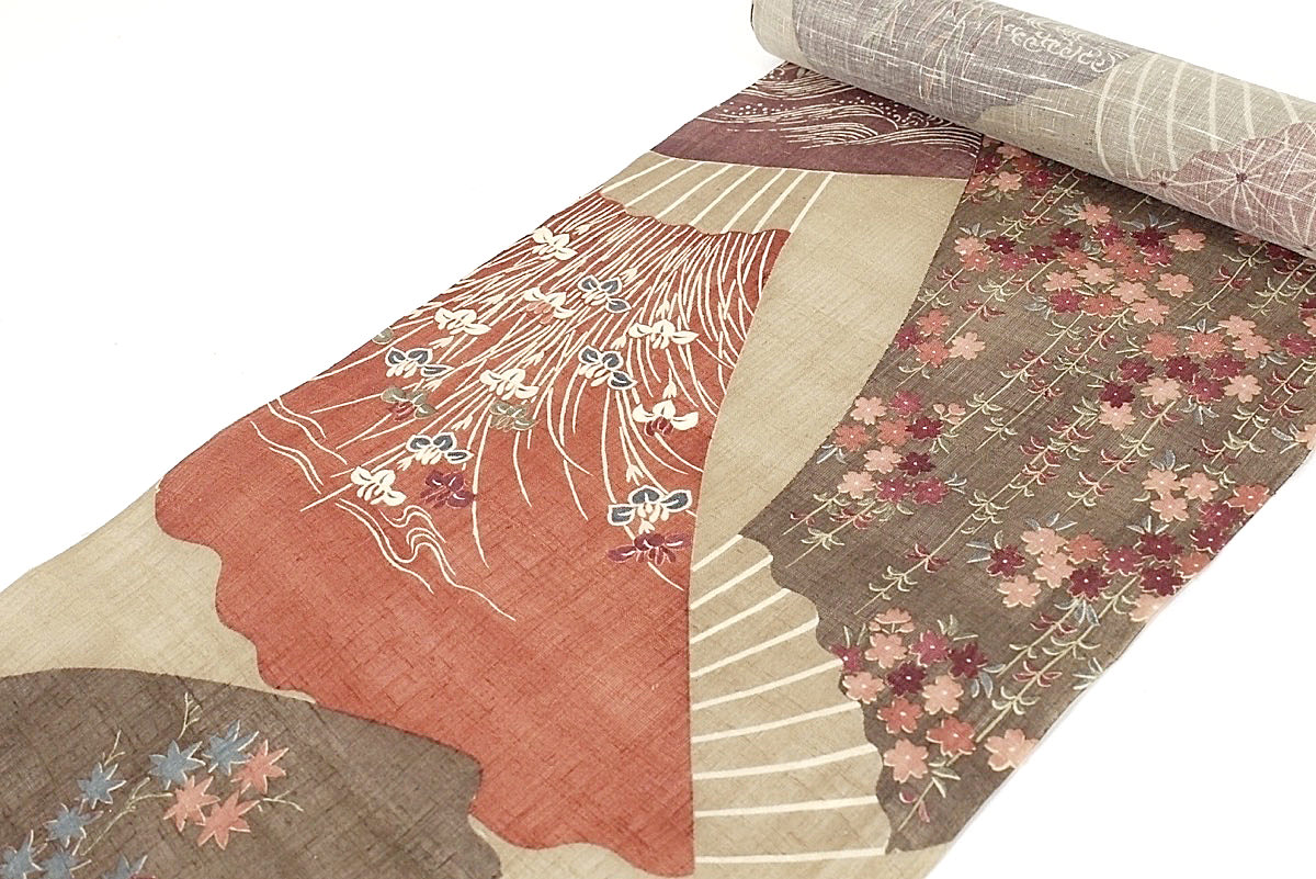 布切れ屋 訳あり実バス発着場持ちはこび店卸し資産 夏用九寸名古屋帯 ベージュ×赤銅色（楓・花ショウブ） 着付け お茶席 街着 別誂え 仕立てもの代客あしらい セミフォーマルから心地好いまで 着付け 御読み合わせる 正絹 十日町 はいり込む式 卒式 踊り 本古 貨物輸送無料 貨物輸送込み
