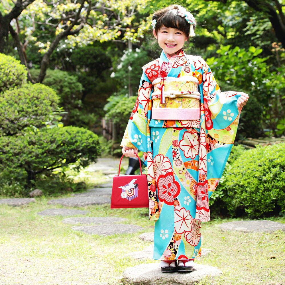 ニッサン・638 七五三 7歳用女の子高級着物◇青紫色系 金駒刺繍 花車