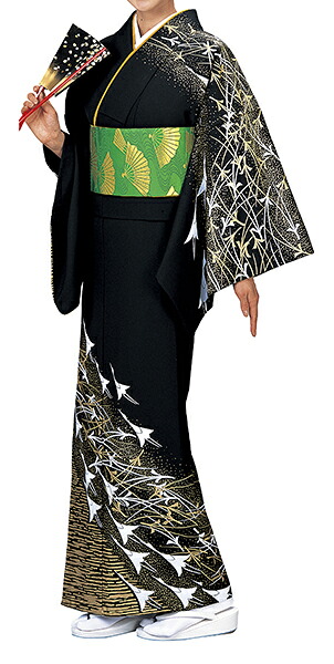 踊り衣裳 反物 谷印 シルク加工絵羽 黒（白・金柄） 取り寄せ商品 日本の踊り 掲載 踊り絵羽 稽古 習い事 舞踊 民謡 発表会《女性用 レディース 洗える着物》金箔のあしらいが高級感のあるお着物です。[tss]｜浴衣 七五三 安売り天国とせん