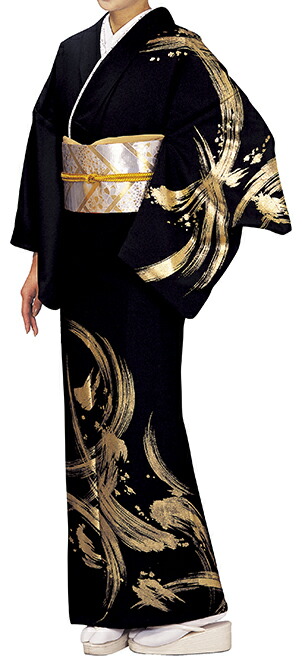 踊り衣裳 反物 月印 一越金箔絵羽 黒（金柄） 取り寄せ商品 日本の踊り 掲載 踊り絵羽 稽古 習い事 舞踊 民謡 発表会《女性用 レディース 洗える着物》大胆な金箔柄が印象的なお着物。[tss]