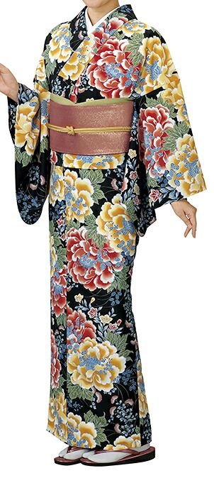 踊り衣裳 反物 柚印 手染小紋着尺 黒×赤・黄 取り寄せ商品 日本の踊り 掲載 踊り絵羽 稽古 習い事 舞踊 民謡 発表会 《女性用 レディース 洗える着物》[tss]